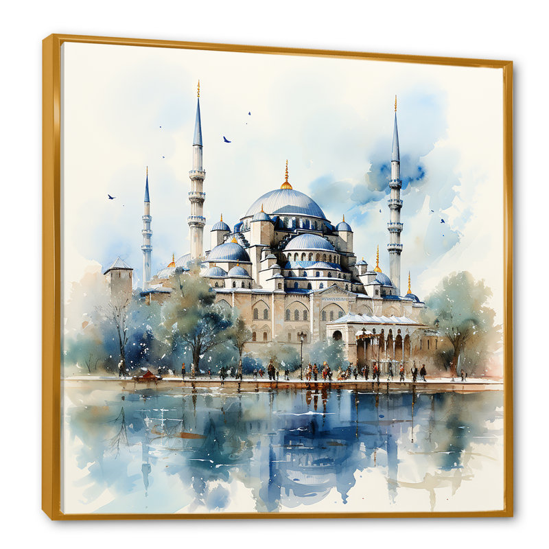 Mosquée bleue turque, «Serenity I», art mural, Cadre flottant doré, H 36 po x l 36 po