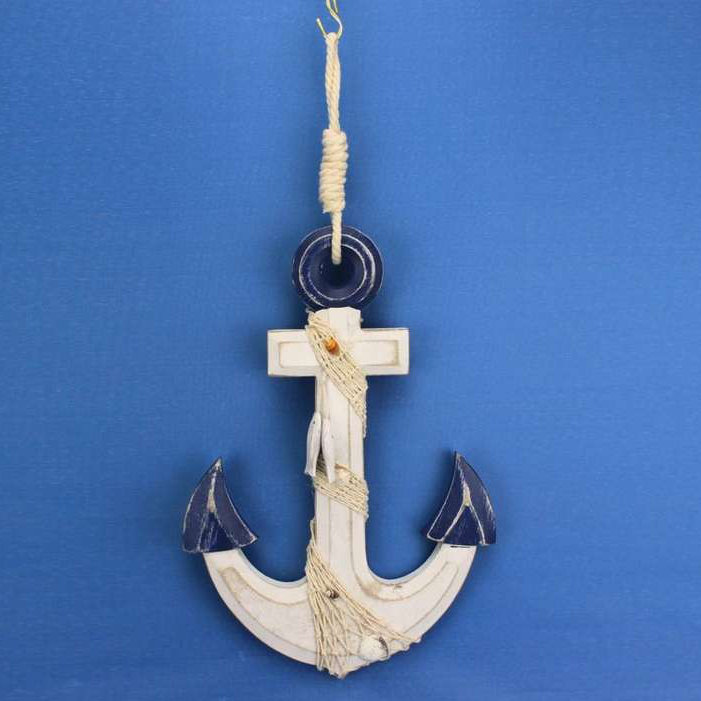 Ancre rustique avec corde à crochet et coquillages Anwen, Bleu/Blanc