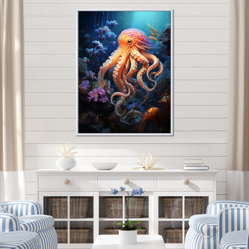 Impression sur toile Popup Octupus, Cadre flottant blanc, H 32 po x l 16 po x P 1 po