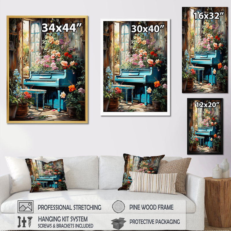 Piano Tropical Tunes - Music Piano, art mural, Cadre flottant doré, H 44 po x l 34 po x P 1,5 po