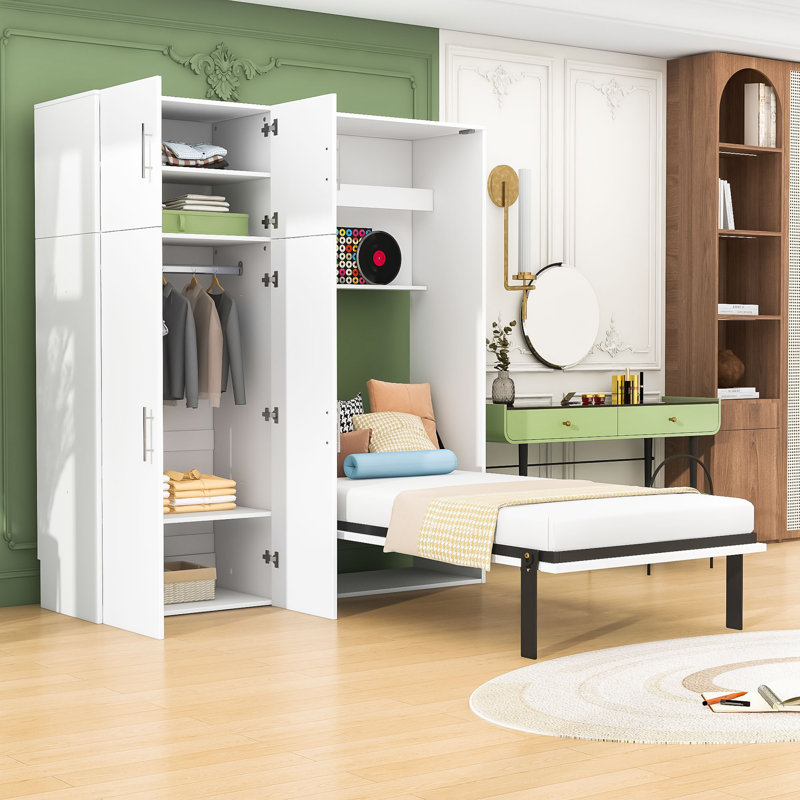 Murphy Bed with Wardrobes and Folding Mechanism, Convert into A Cabinet, White, Twin