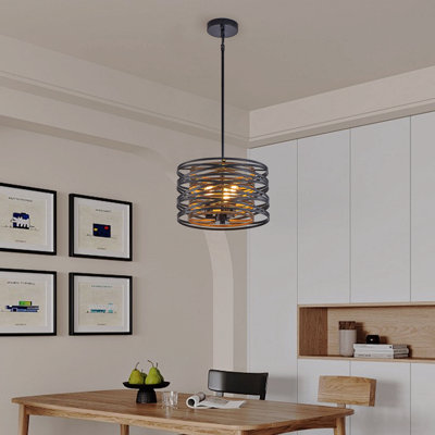 Chandelier  - 13" Rustic Industrial Style Pendant Light, 3-Light Configuration In Black Finish And Walnut Metal Material Cage  With Wood Accents