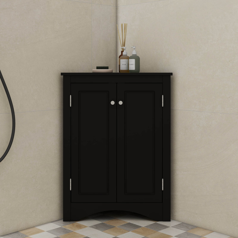 Triangular Corner Cabinet With Adjustable Shelves And Stylish Doors, Black