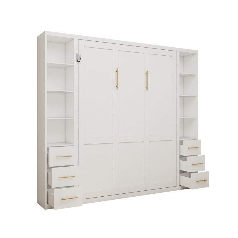 Grand lit pliant invisible blanc avec rangement latéral, lit escamotable à cadre en métal blanc pour bureau à domicile ou chambre d'amis