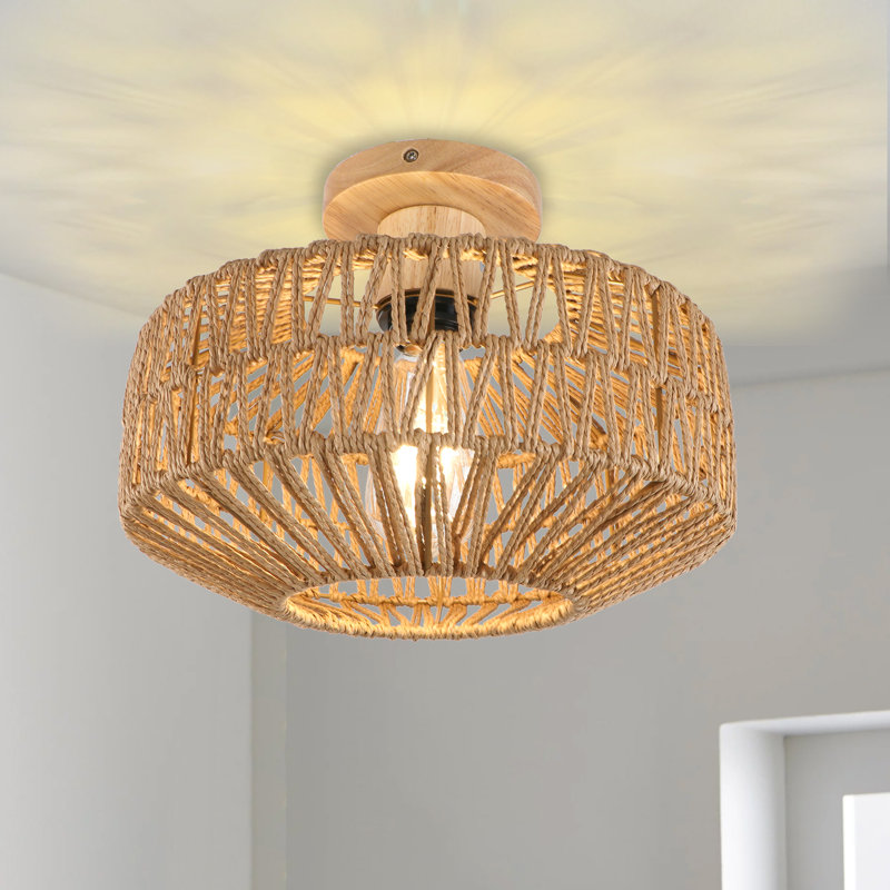 Clouden 12 in. Bohemian Rattan Semi Flush Mount, Natural, Wood