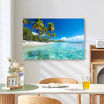 Scène de plage tropicale d'Hawaï avec cocotiers, grande impression sur toile tendue avec châssis pour salon et chambre à coucher