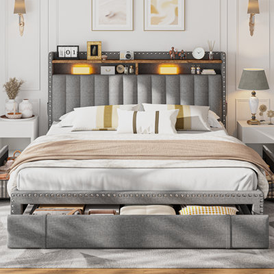 Upholstered Storage Bed Frame with 3 Drawers and 2-Tier Shelf Headboard,No-Noise