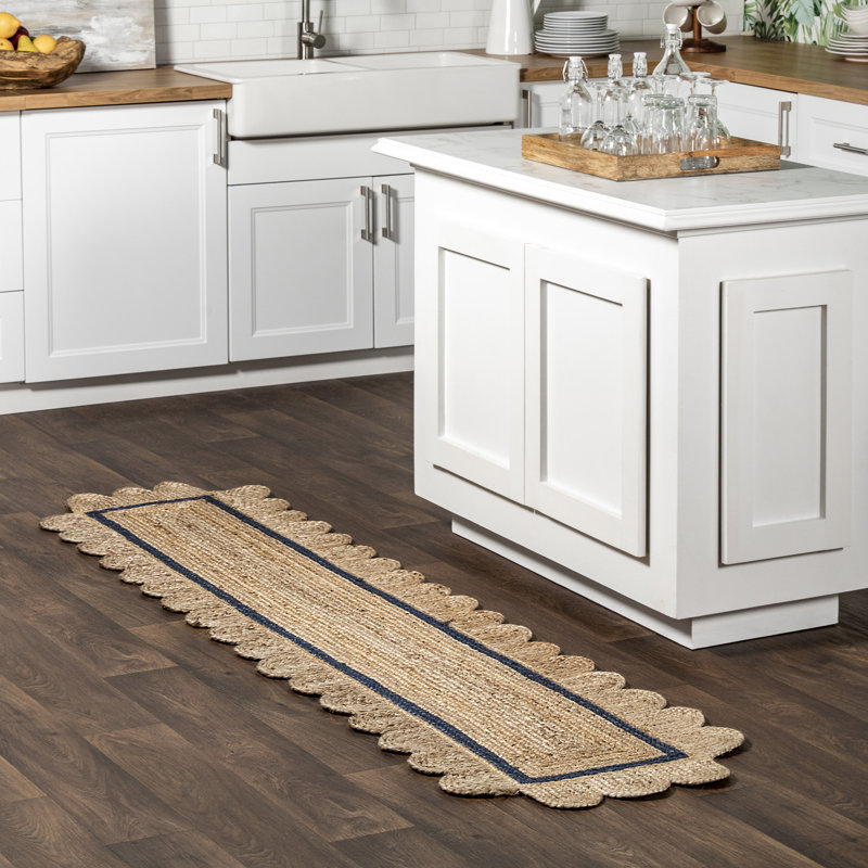 Tapis en jute damassé pour la cuisine du salon, bleu / ivoire, Tapis de couloir 2 pi x 8 pi
