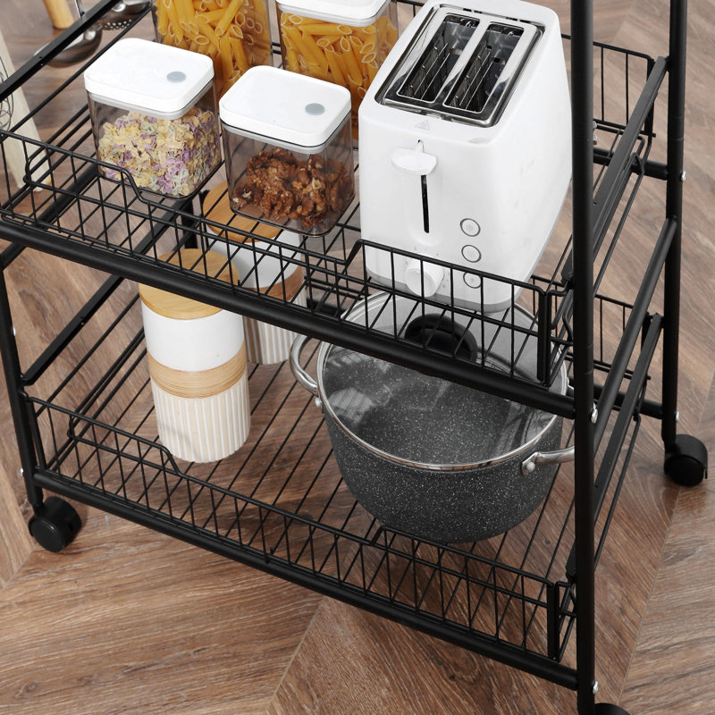 3 Tier Rolling Kitchen Cart With Storage, Kitchen Island Cart On Wheels With 2 Sliding Fruit Basket, Microwave Cart With Side Hooks For Dining Room, Walnut