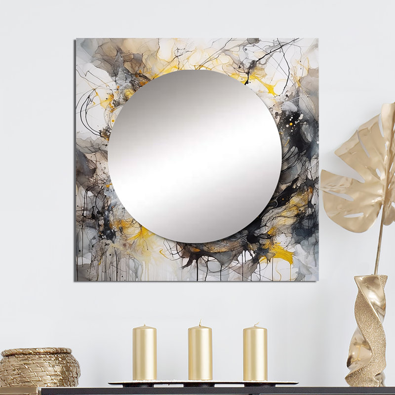 Bolanle - Yellow Grey Marble Symphony II Abstract Square Mirror For Wall Art Decor, 29" x 29"