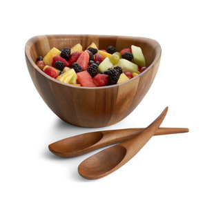 Arthur Court Salad Bowl Acacia Wood Serving for Fruits or Salads Wok Wave Style Extra Large Single Wooden Bowl - Silver