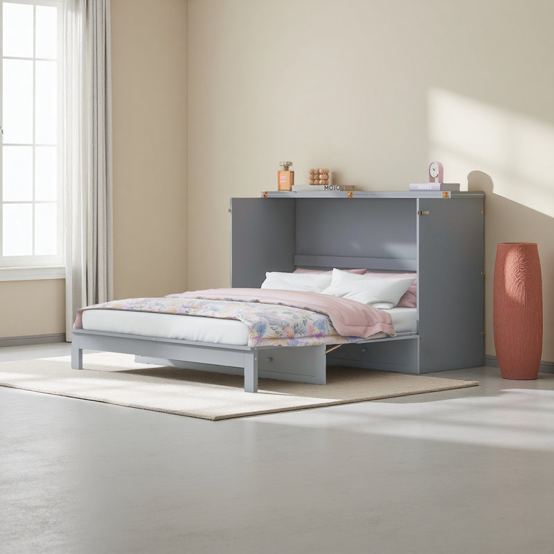 Murphy Bed With Large Drawers, Gray, Queen