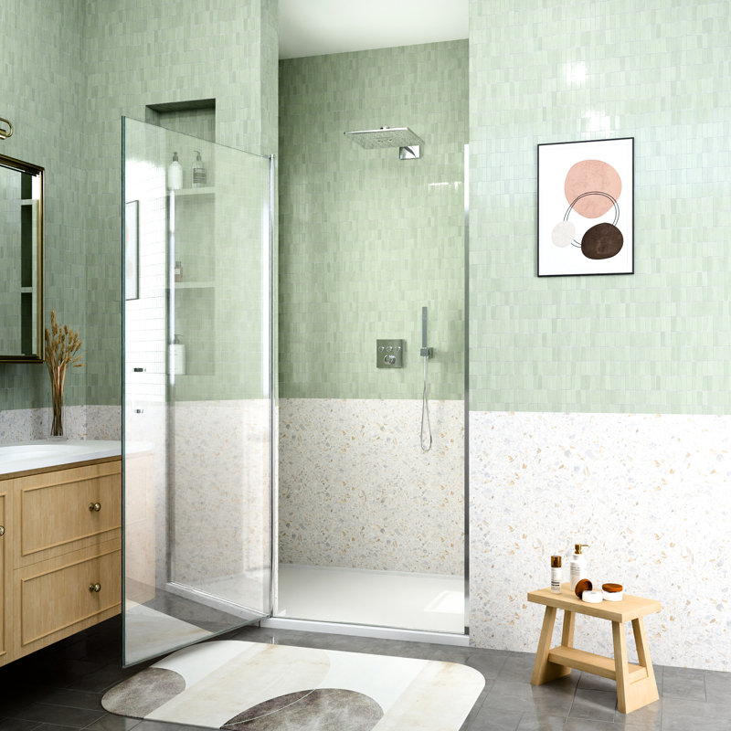 Porte de douche semi-pivotante l 32 po x L 72 po, réglage de la largeur de 1 po, système de centrage automatique en verre trempé réversible de 6 mm à gauche / droite, clignotant magnétique pour fermeture en douceur