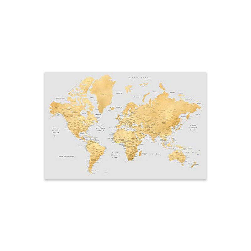 Carte détaillée du monde en or et gris, impression Everly sur verre acrylique, H 16 po x l 24 po x P 0,25 po