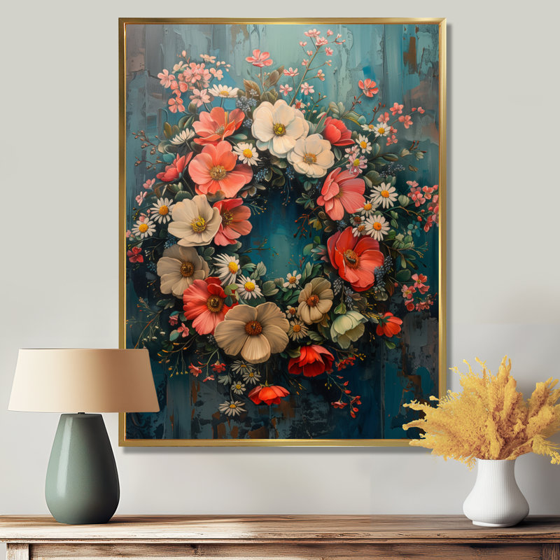 Rose, bleu, printemps, symphonie de couronne II - couronne, art mural, salon, Cadre flottant doré
