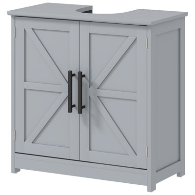 Armoire de rangement à piédestal, lavabo de salle de bain avec 2 portes de grange et tablette réglable, gris foncé (sans lavabo)