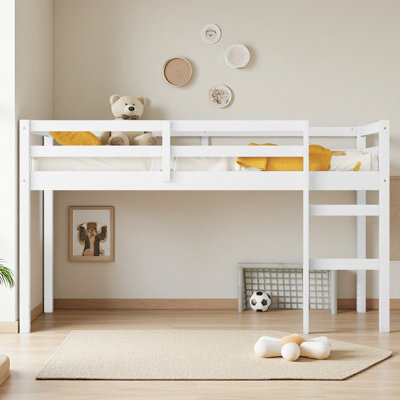 Lit mezzanine simple en bois massif et en bois d'hévéa avec échelle, plateforme de lattes renforcées