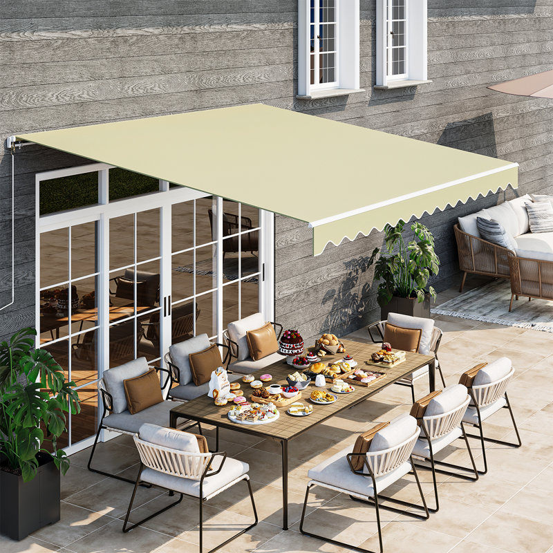 Auvent de patio manuel rétractable 12 x 10 pi, manivelle à ouverture complète, beige, Beige