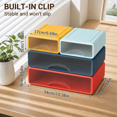 Stackable Plastic Storage Drawers with Dividers, PP Desktop Organizer with Pull-Out Drawer, Multiple Combinations of Large&Small Sizes, White & Color Options for Office, Vanity and Countertop Storage