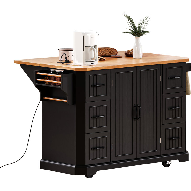 Îlot de cuisine roulant avec tablettes réglables et 4 tablettes à 47 portes à panneau supérieur, noir, Noir