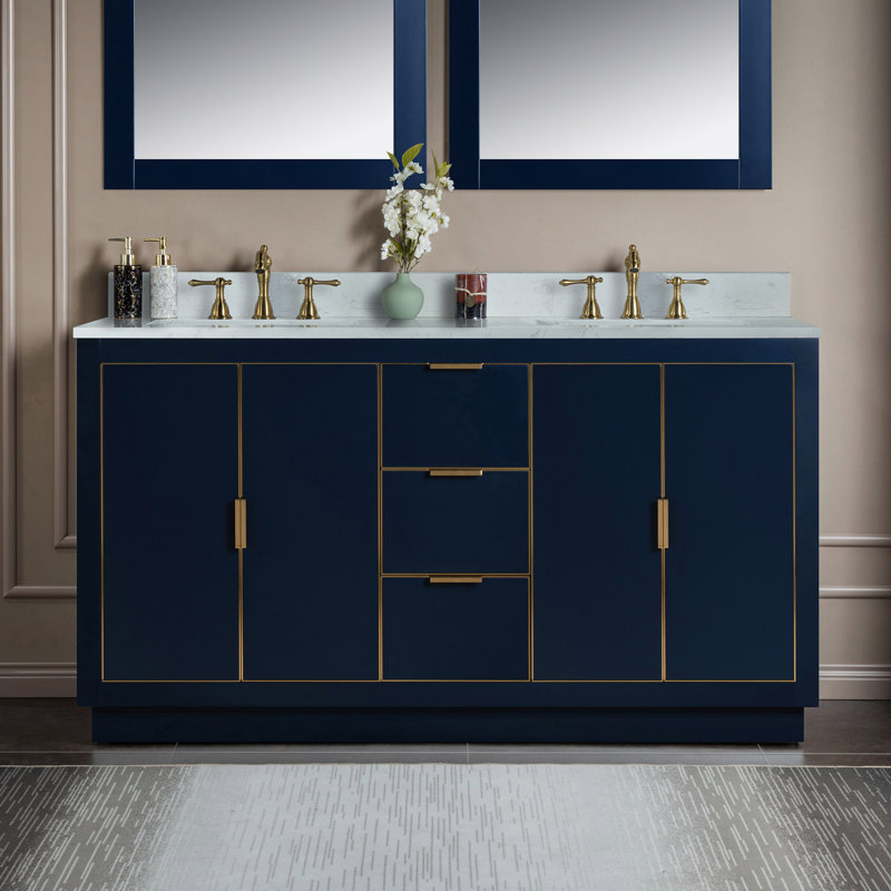 Meuble-lavabo en bois massif 60 po x 21 po x 33 po, Bleu marine, Or