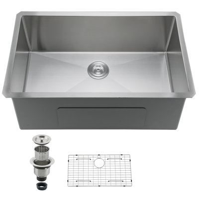 32" Undermount Kitchen Sink, 16-Gauge T-304 Stainless Steel Workstation Sink, 10" Deep, Brushed Finish, w/ Bottom Grid & Drain Kit
