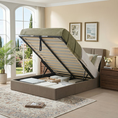 41.7" Velvet Curved Wingback Queen Bed Frame with Hydraulic Lift, No Box Spring Needed, Brown