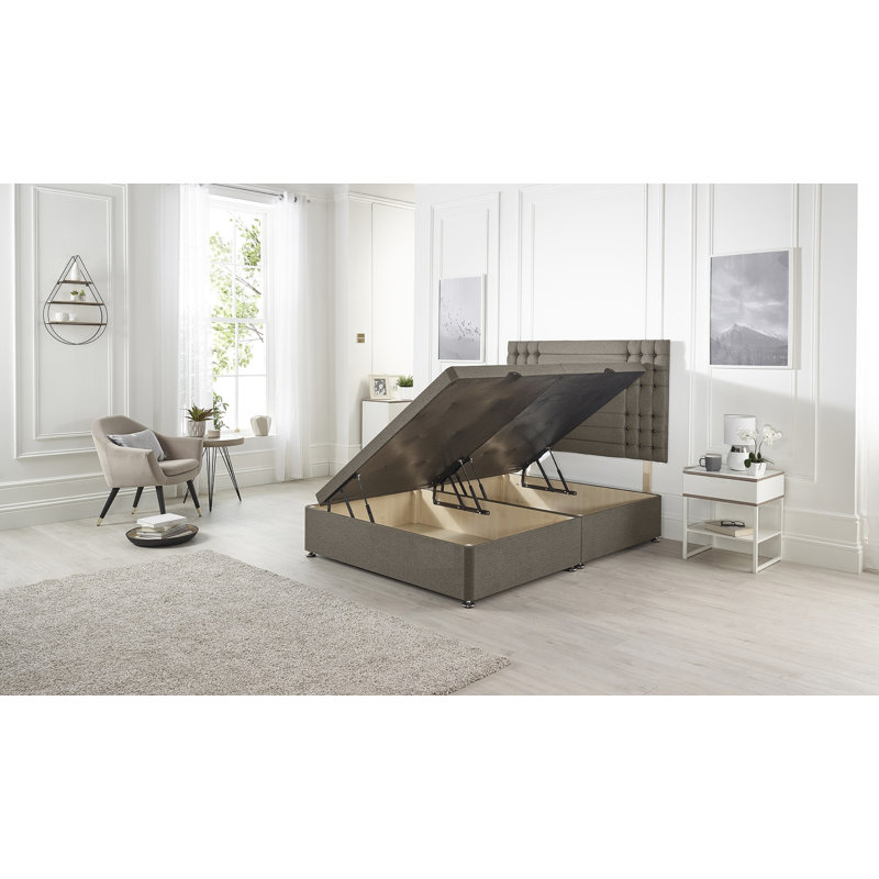Luxara Solid Wood Ottoman Bed Side Opening with Upholstered Headboard Tweed Fabric, Coffee, Double (4'6)