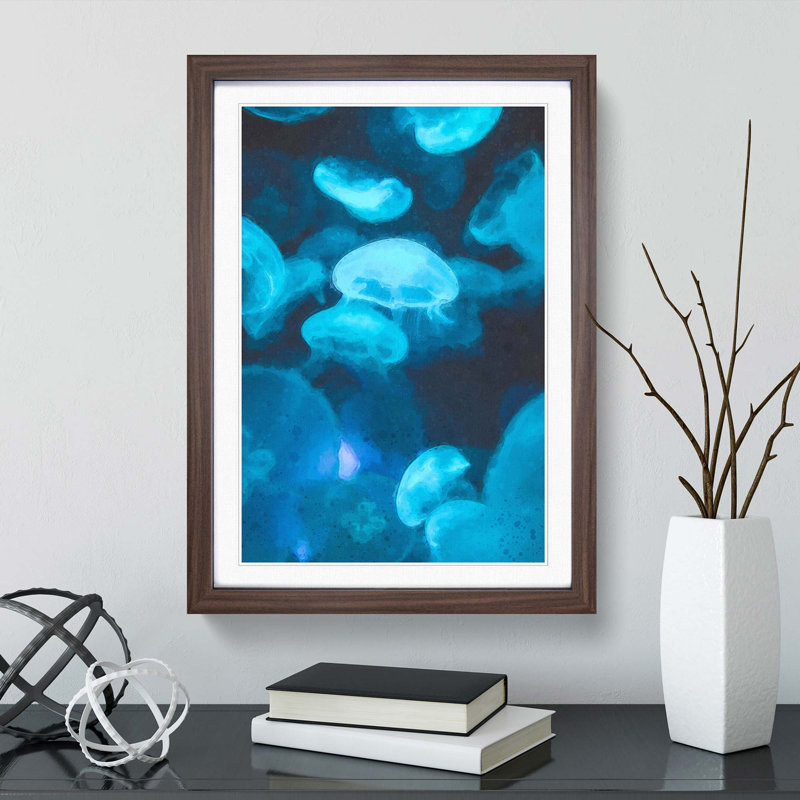 Blue Jellyfish in Abstract - Picture Frame Graphic Art Print, Walnut Framed, 48cm H x 36cm W x 2cm D