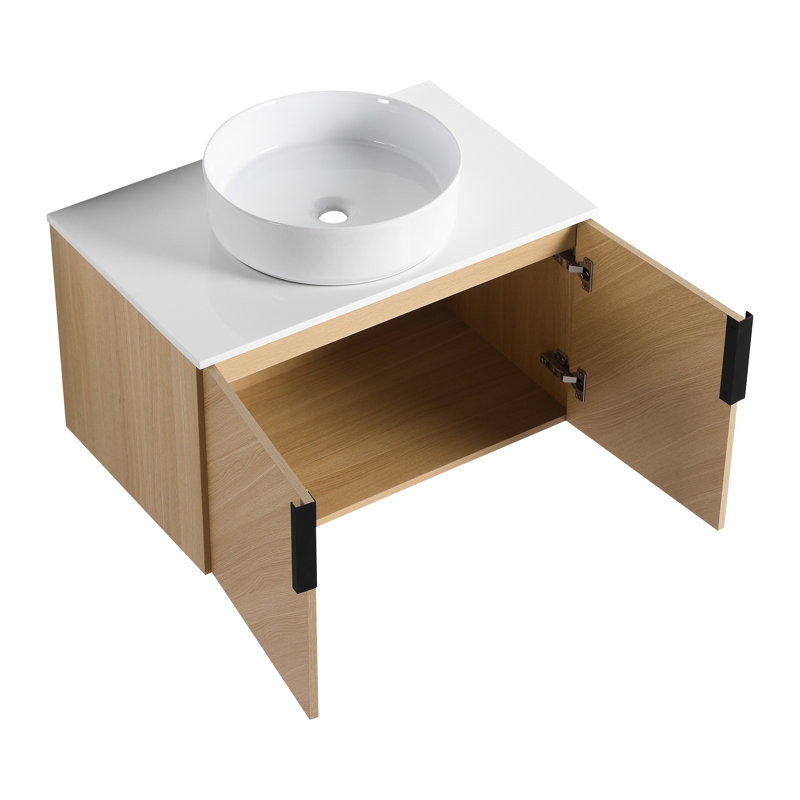 Meuble-lavabo de 30 po avec lavabo d'art en céramique, dalle de pierre artificielle et mécanisme de porte à fermeture en douceur pour un espace moderne à 2 charnières