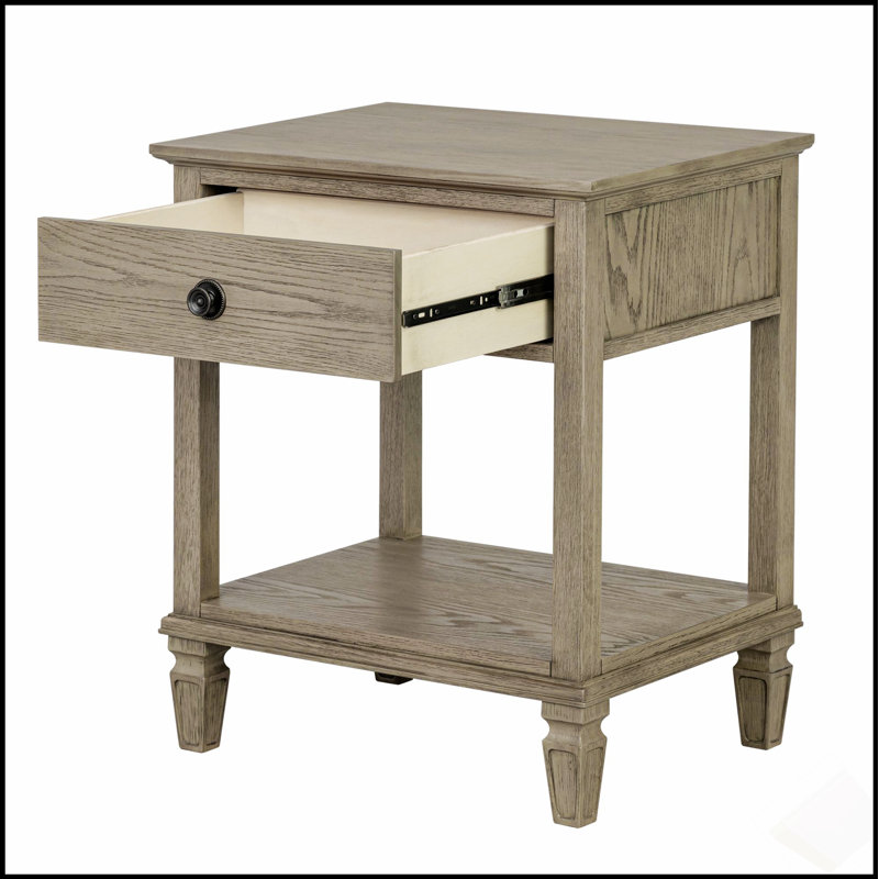 Table de chevet en chêne récupéré gris avec tiroir et tablette, parfaite pour les chambres à coucher modernes et rustiques.