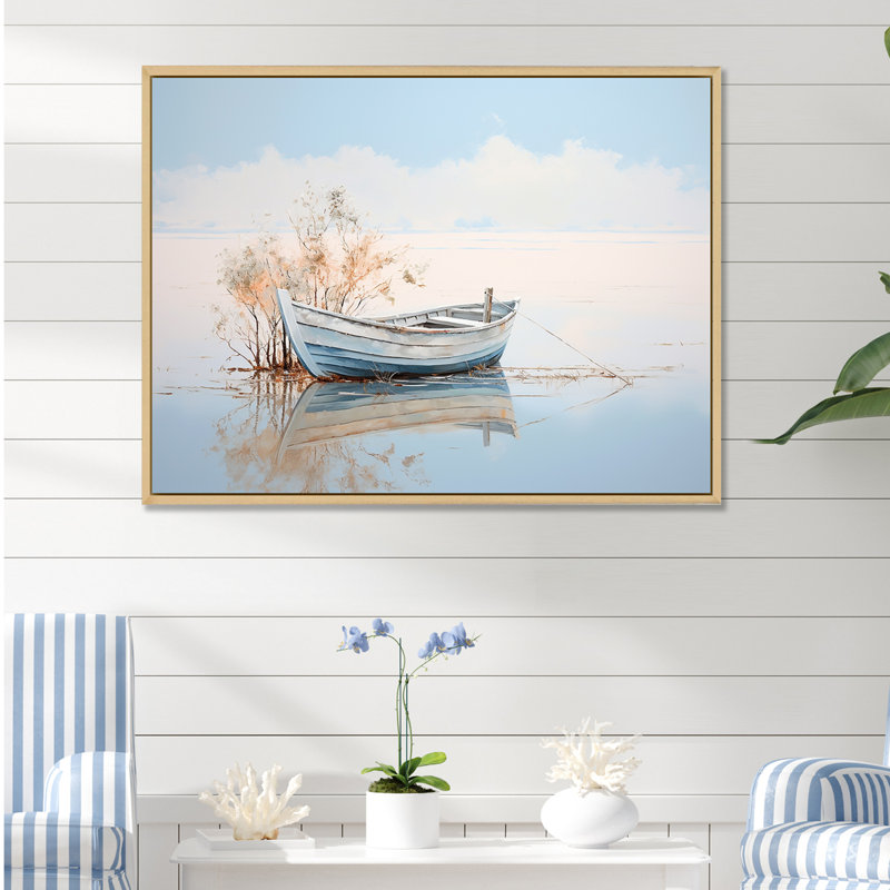 Petit bateau bleu et blanc sur le lac sur toile, H 16 po x l 32 po x P 1 po, Cadre naturel flottant
