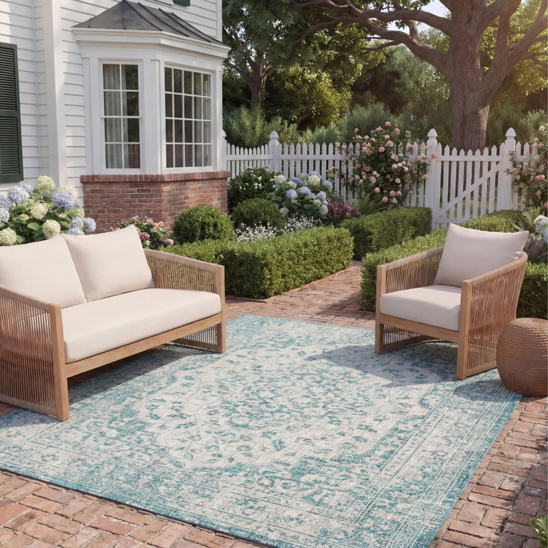 Arneshia Orietal Blue Indoor/Outdoor Area Rug, Rectangle 8' x 11'