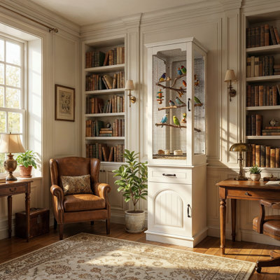 Cage à oiseaux moderne avec armoire de rangement avec plateau amovible et grillage pour petits et moyens oiseaux