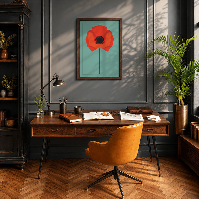 Solitary Poppy Botanical - Framed Print, Walnut, A1 - 84.1 x 59.4 cm