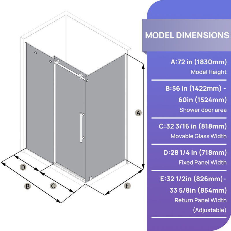 Cabine de douche coulissante en coin sans cadre, 142-152 cm (L) x 86 cm (P) x 183 cm (H), verre trempé de 8 mm, noir mat