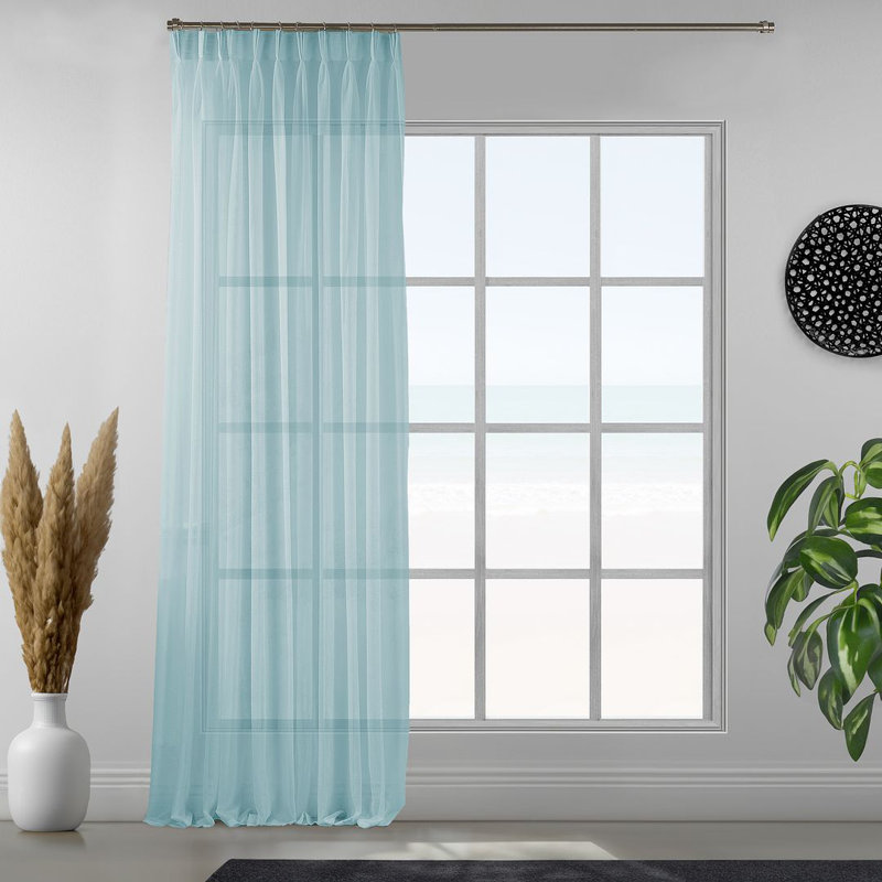 Triple Pinch Pleated Extra Long and Extra Wide Faux Linen Sheer Single Panel, Aqua, 52" W x 204" L