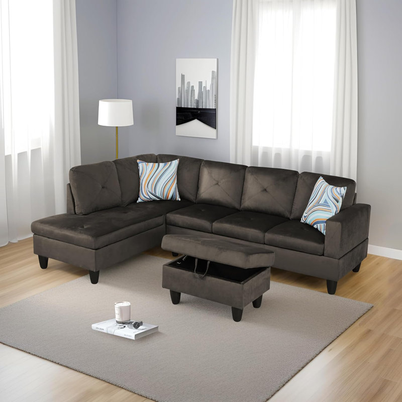 Canapé modulaire en flanelle 3 pièces, Orienté à gauche (vu de face), Tissu gris