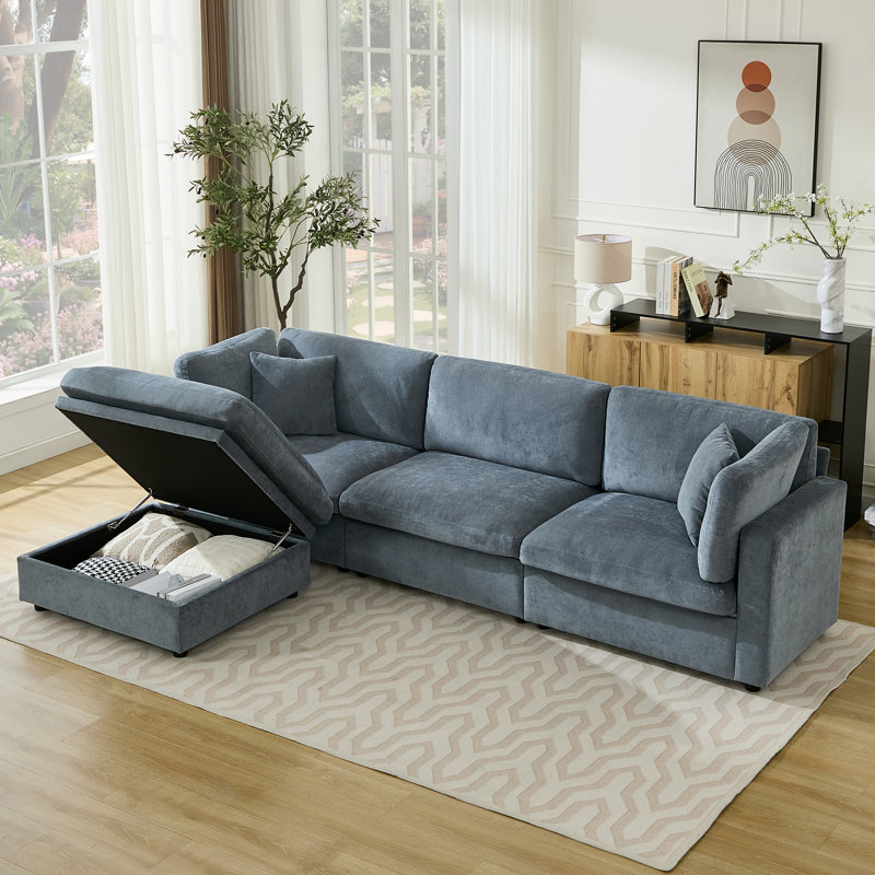  Canapé modulaire rembourré en forme de L à 4 places 118,5 po avec repose-pieds 118,5 po, Gris chenille