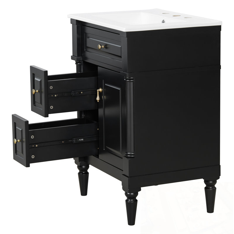 Meuble-lavabo avec lavabo, 2 tiroirs et tablettes de porte, Noir, 24'