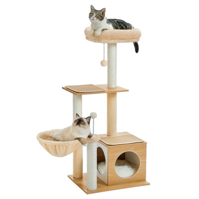 Multi-level playhouse cat tower with cat apartment, scratching post, comfortable hammock, and fluffy ball