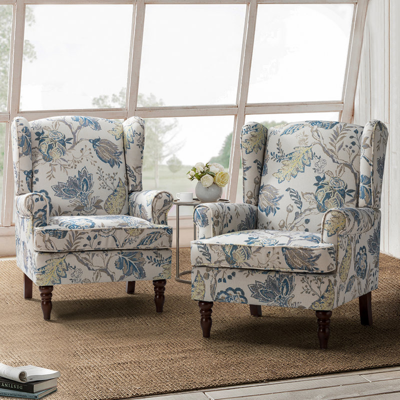 Anayat Traditional 29'' Wide Wing Back Armchair with Solid Wood Legs, Multi Blue Floral Polyester Blend