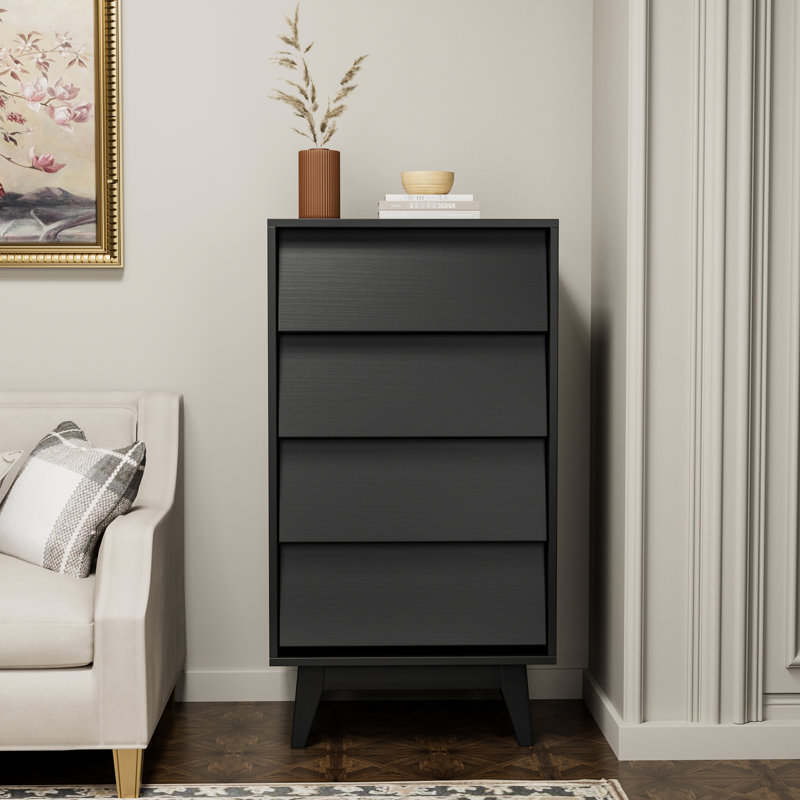 Commode 4 tiroirs avec design biseauté rétro - 4 unités polyvalentes noires peu encombrantes pour toute pièce