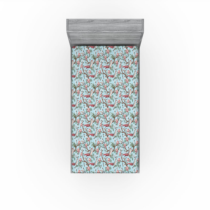 Drap-housse Ambesonne, Bleu doux, rose séchée / floral, Drap-housse simple TG
