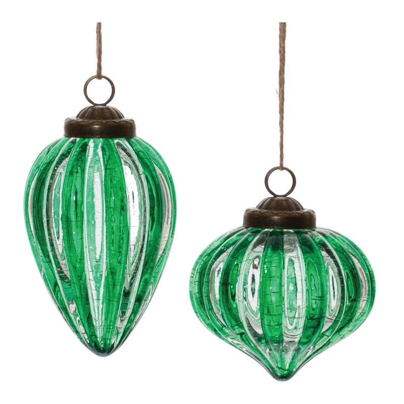 Ornement en verre vert craquelé nervuré (ensemble de 6)