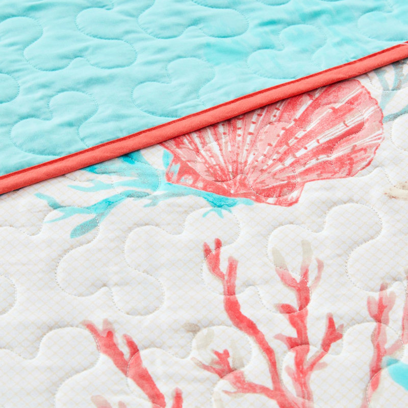 Courtepointe très grand / très grand Coral - 6 pièces en coton avec des coquillages imprimés, des étoiles de mer et des coraux pour une literie de chambre à coucher moderne avec un look élégant