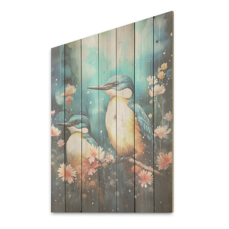 Oiseaux en harmonie - Art floral mural en bois sur bois de pin naturel, H 20 po x l 10 po