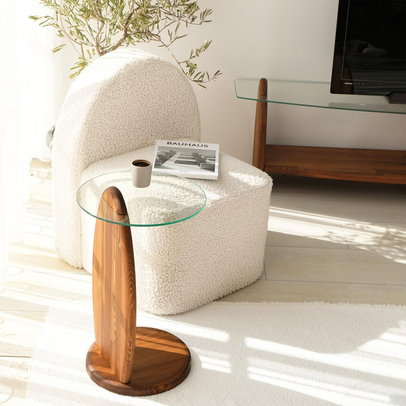 Table d'appoint moderne avec plateau 100% verre trempé et structure 100% bois de pin, 13,8 x 20,9 x 13,8 pouces | Élégante finition châtaignier et transparente | Idéal pour le salon, la chambre à coucher et les espaces contemporains