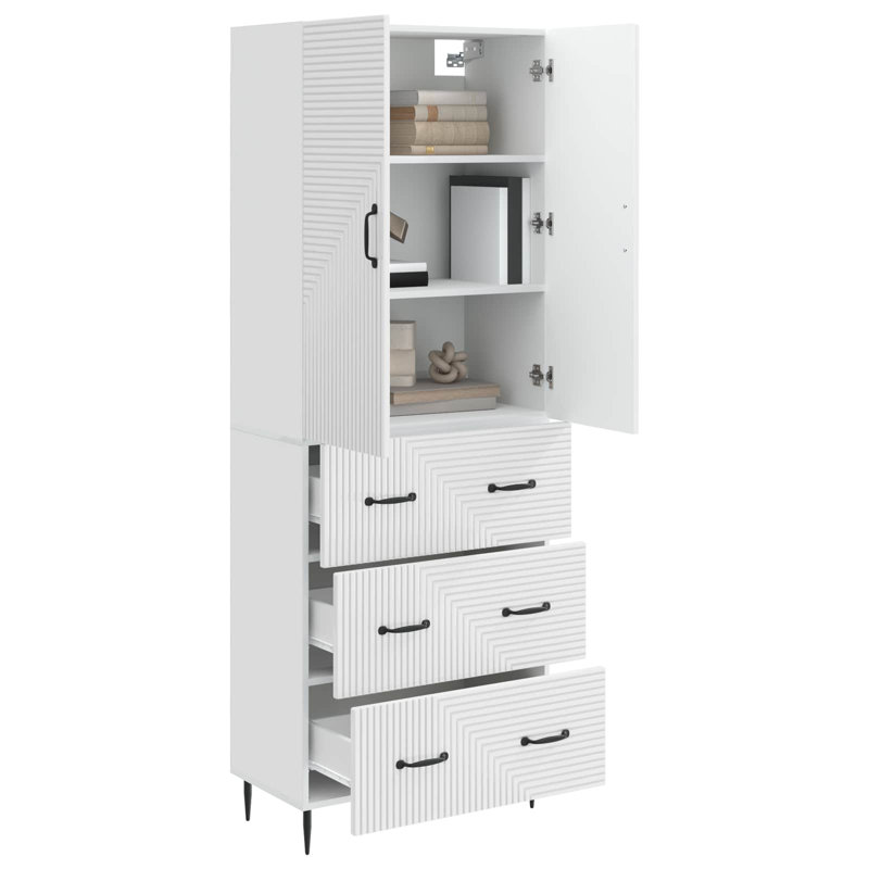  Cabinet Set 2 Pcs Engineered Wood Storage Home Furniture Solution, High Gloss White