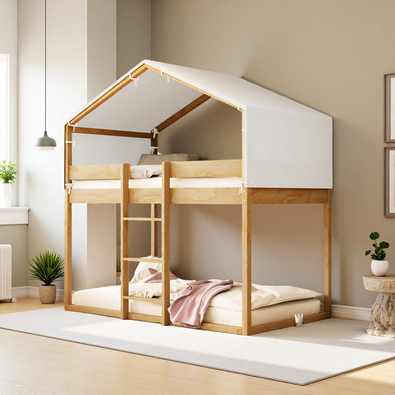 Lit simple superposé en bois avec tente, Naturel